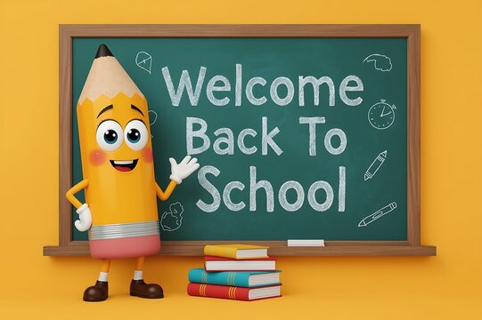 Cheerful cartoon pencil welcomes students back to school blackboard books - Powered by Adobe