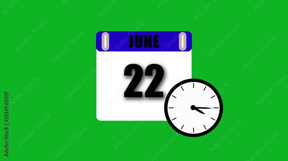Poster june 22nd calendar date displayed with clock indicating time and green background