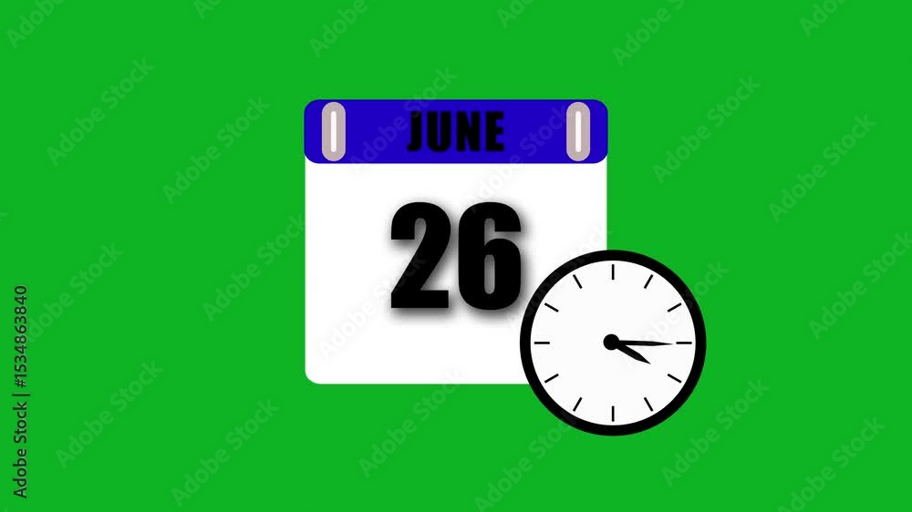 Poster june twenty sixth calendar date with clock showing time on green background
