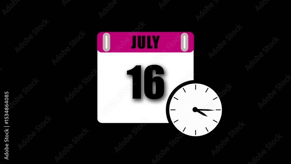 Poster calendar displaying july 16th with a clock indicating the current time on a black background