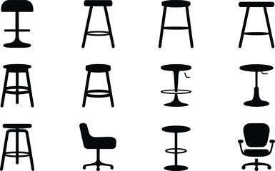 Black silhouette collection of various bar stools and office chairs in simple design