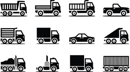 Collection of black and white transportation vehicle icons featuring trucks and cars