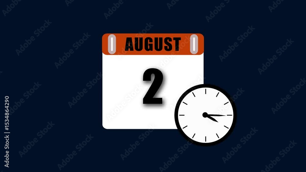 Poster august second calendar page displayed alongside clock indicating time and date