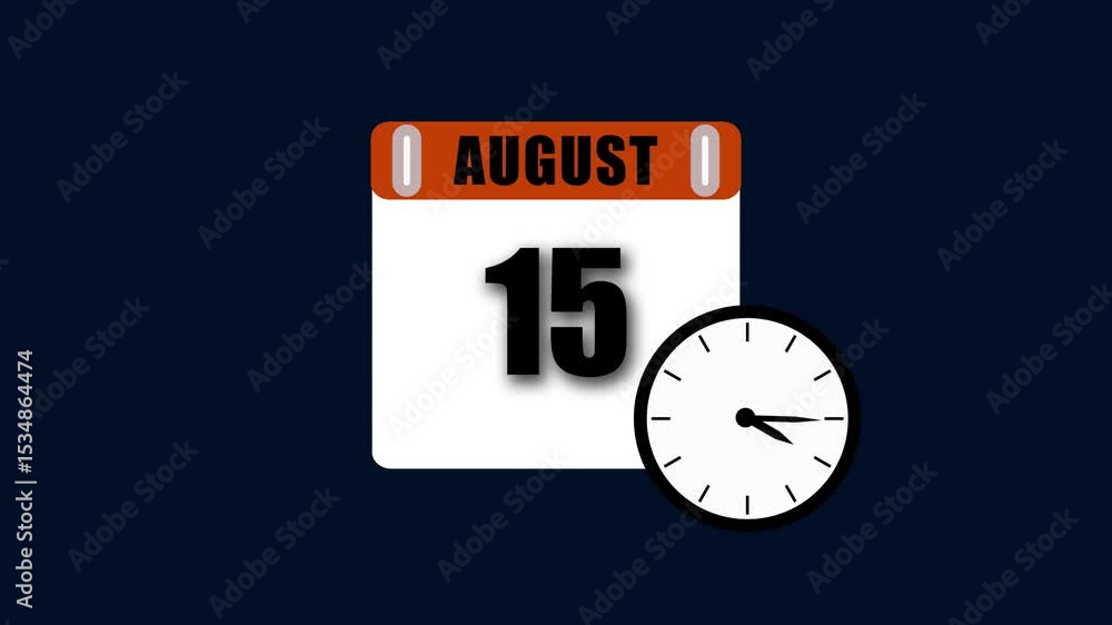 Poster august 15th calendar with clock representing time and date concept