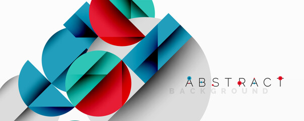 Modern abstract design. Geometric shapes overlap, creating vibrant color contrasts. Clean lines, dynamic composition.