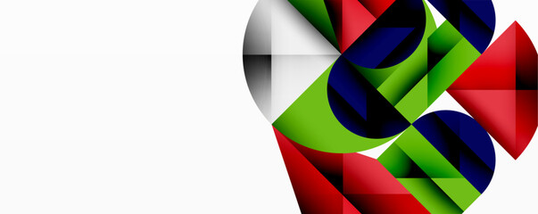 Abstract geometric shapes overlap, creating vibrant color contrasts. Composition features circles, triangles, rectangles, white space.
