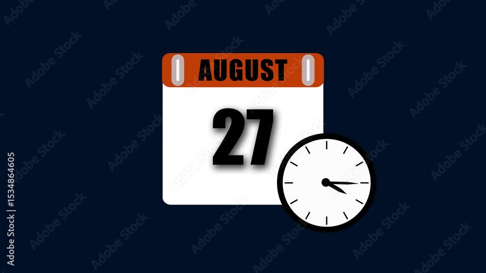 Poster august 27th calendar date and analog clock depicting time and deadline concepts