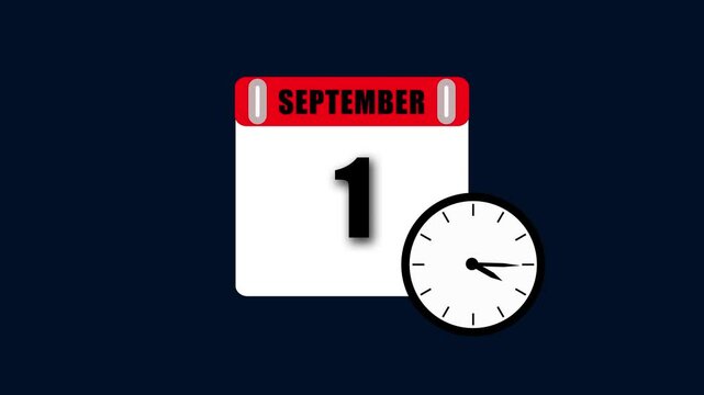 September first date calendar and clock illustration with dark blue background