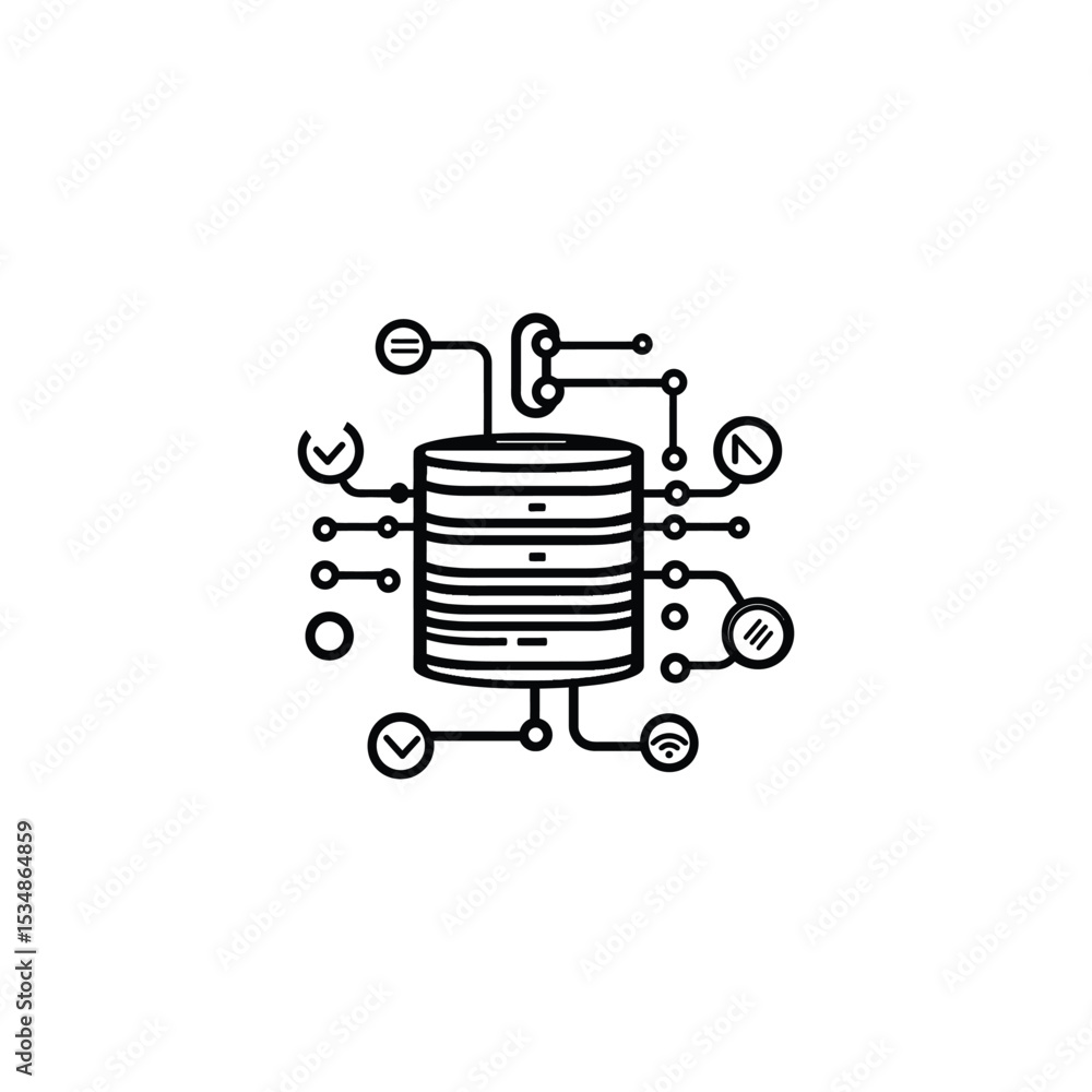 Poster minimalist outline of a server with network connections and assorted icons on white