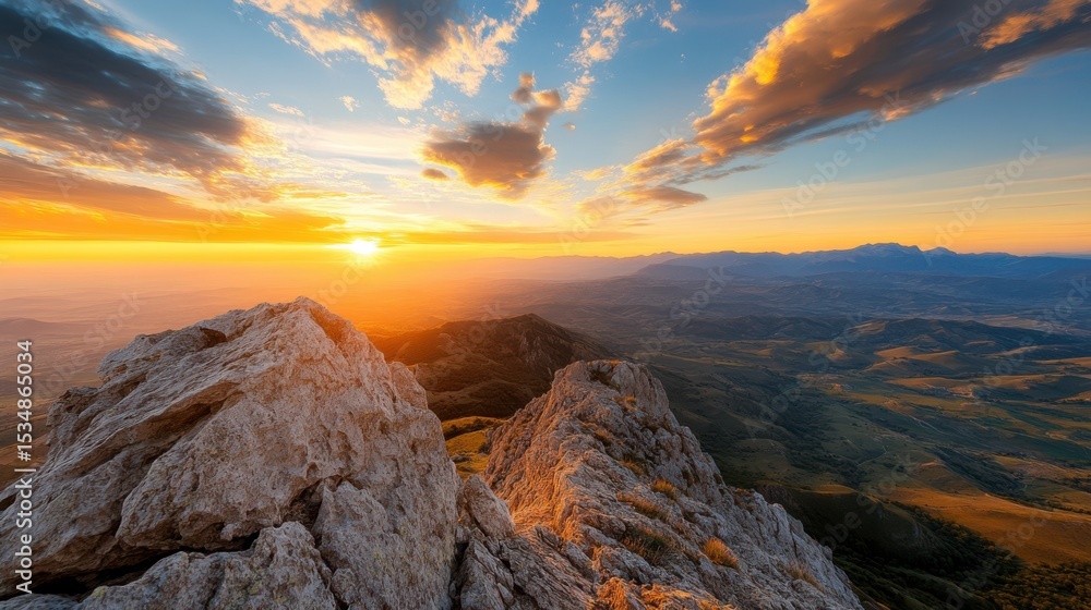 Poster a panoramic view from an empty mountain summit overlooking valleys and distant ridges, under a vibra