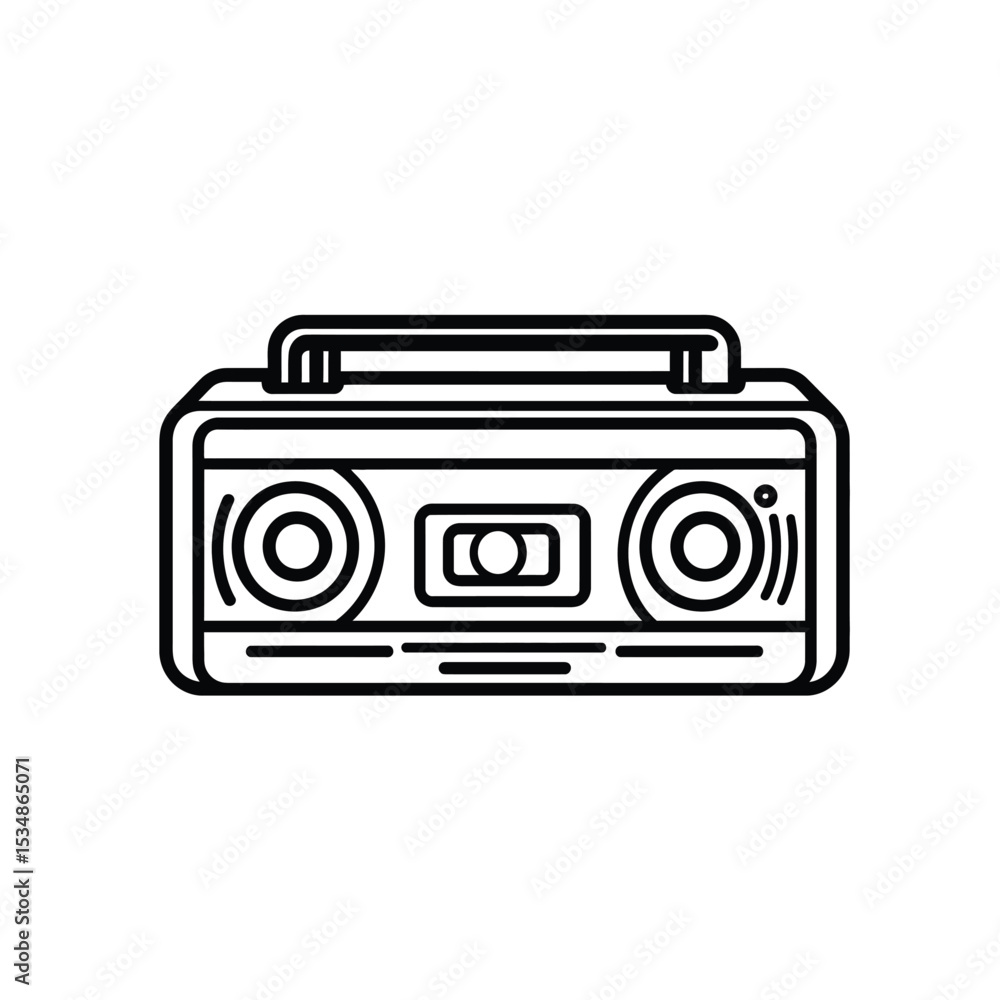 Poster minimalist outline of cassette player or boombox with handle and circular speakers design