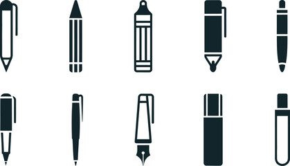 Collection of simple black line art illustrations depicting various writing instruments