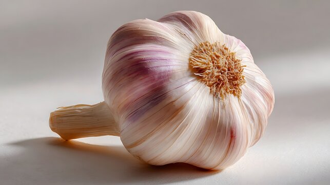 A single bulb of garlic with a detailed view of its layered cloves and textured surface.