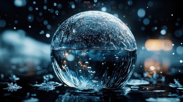 A sphere of water with frozen surfaces and bubbles.
