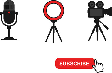 Obraz premium Vlogging equipment setup for content creators and streamers with microphone camera and ring light setup editable stock vector illustration