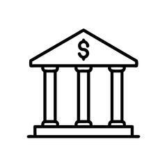 Classic Bank Building Line Icon – Minimalist Black Outline of Financial Institution with Columns for Banking and Finance Apps or Web Design