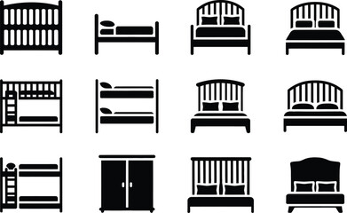 Collection of various black and white bed icons and wardrobe silhouette design elements