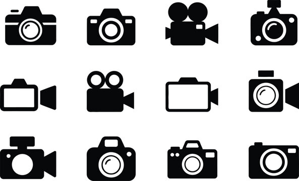 Collection of simple black and white camera and camcorder icon illustrations