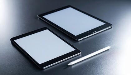 Two Black Tablets With White Stylus On Dark Background
