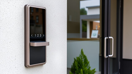 Modern keyless entry system mounted on a wall outside a building.