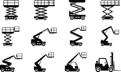 Black and white silhouettes of construction lift equipment for commercial and industrial applications