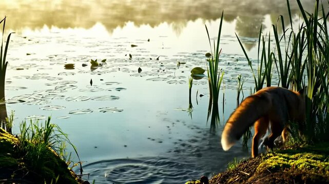 fox jump - A fox leaps gracefully from the lush green bank into a serene lake at sunrise, surrounded by water lilies and reflections of trees