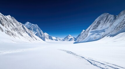 Fototapeta premium A snow-covered empty mountain valley surrounded by towering white peaks under a clear blue sky, serene and untouched by human presence