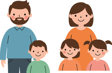 Happy cartoon family illustration, smiling parents with three kids, father mother children vector, flat design, isolated on white background

 flat vector illustration