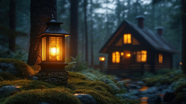Cozy lantern, misty forest, cabin