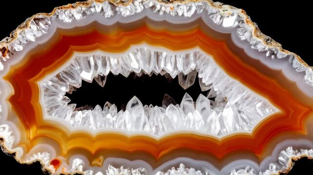 Agate geode slice revealing crystalline quartz formations with concentric bands of orange, white and brown against a black background.