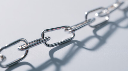 Obraz premium Close-up of a metallic chain against a simple background, highlighting its links and texture. The chain casts a subtle shadow, adding depth and emphasizing the metallic shine. 