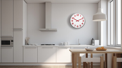 digital wall clock with red LED numbers mounted in modern kitchen, high-tech home scene, practical everyday use, plain white background