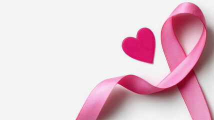 Pink ribbon and heart symbol of awareness and support against breast cancer. The pink ribbon is gracefully arranged alongside a cut-out heart