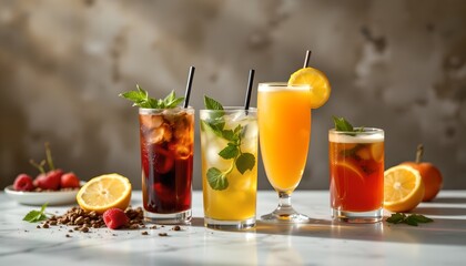 Fototapeta premium Refreshing summer beverages a colorful display of cocktails and mocktails on a marble surface home kitchen photography bright and inviting atmosphere
