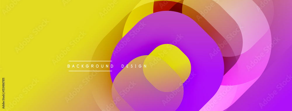 Poster Abstract colorful layers create dynamic background. Yellow, purple, pink hues blend smoothly, forming circular shapes. Modern design element.