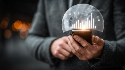 Man using smartphone with data analysis hologram for business growth - Powered by Adobe