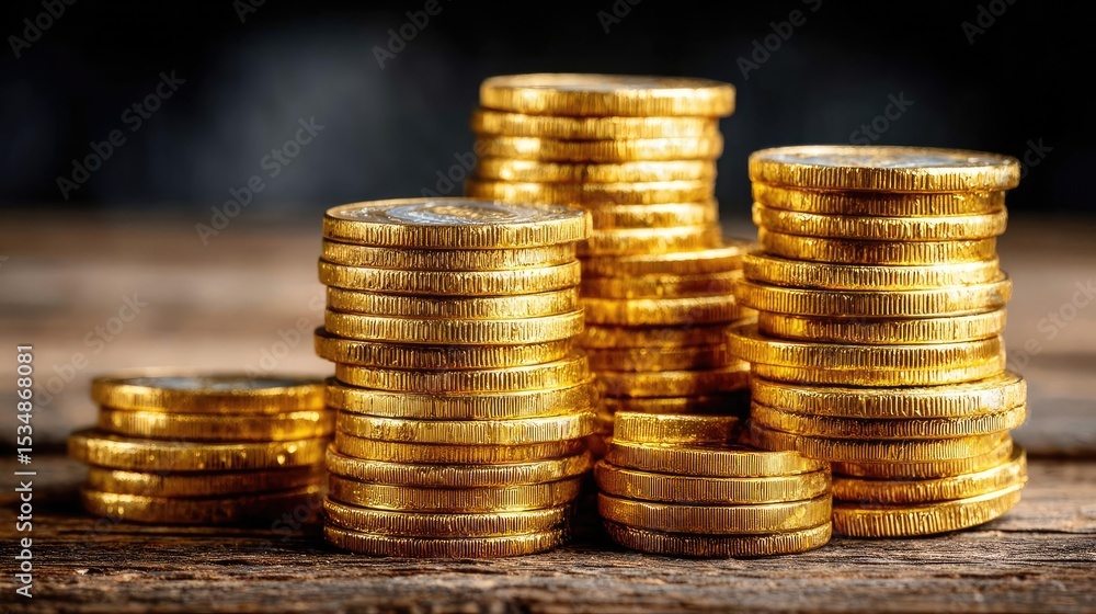 Poster profitable niche for recurring revenue and steady returns concept. stacks of shiny gold coins on a w
