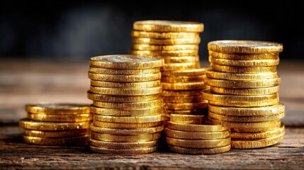 Profitable niche for recurring revenue and steady returns concept. Stacks of shiny gold coins on a wooden table, symbolizing wealth.