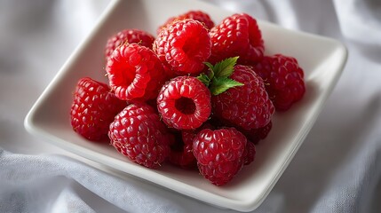 Fresh Raspberries in a White Bowl on a White Cloth