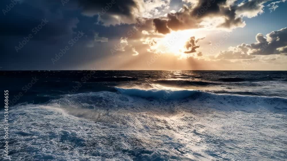 Poster sunlight streams through dramatic cloudscape illuminating a vast ocean with powerful waves and turbu