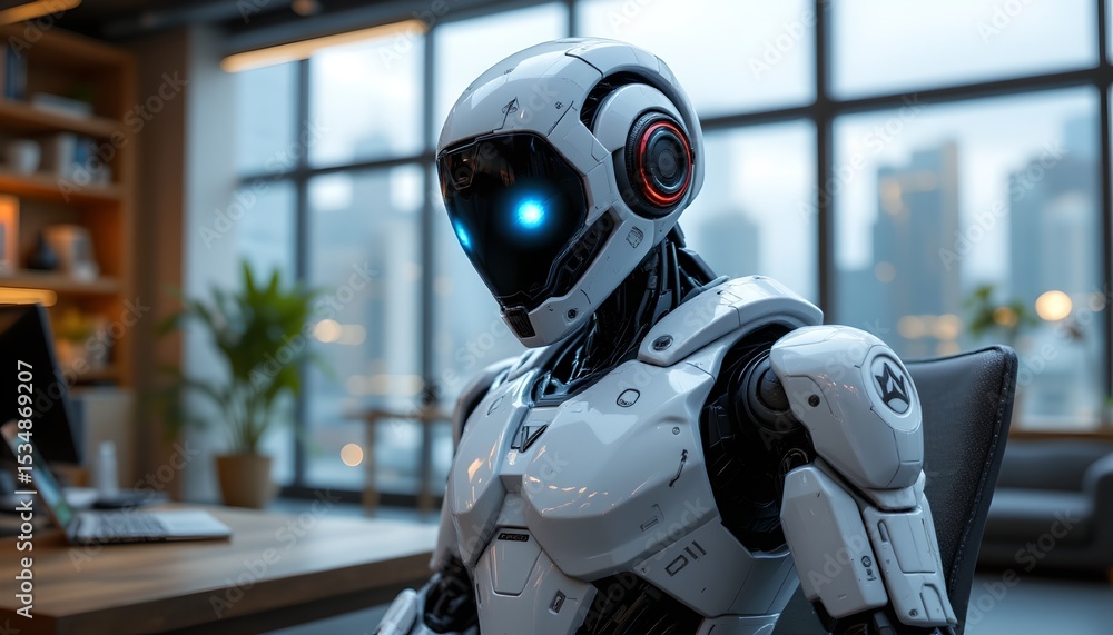 Poster innovative robotic assistant in a modern office urban setting digital image futuristic environment c