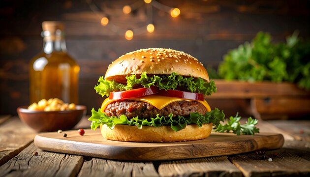 Classic hamburger with ketchup and mustard served on a wooden table surrounded by rustic kitchen elements and decor