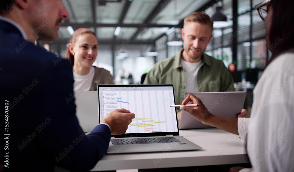 Poster multiracial team using calendar software