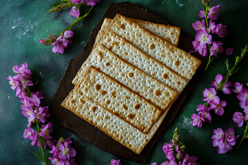 Fototapeta premium Overhead image of flat matzah decorated with delicate pink flowers on a bright green background, symbolizing the Passover celebration.