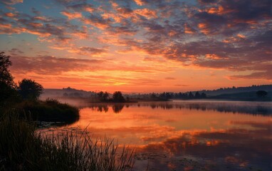 Obraz premium Beautiful sunrise over tranquil lake with vibrant colors and serene reflections in the early morning
