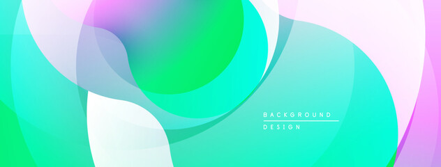 Abstract colorful shapes overlap creating dynamic visual effect. Soft gradients blend hues, forming modern background design.