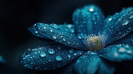 Close-up of a vibrant, deep teal flower covered in water droplets.
