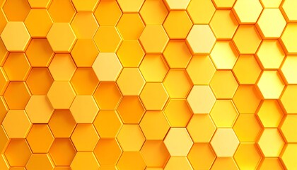 Abstract Golden Honeycomb Hexagon Pattern:  3D Render of Luxurious Yellow Geometric Background Texture, Ideal for Modern Design Projects, Presentations, and Branding Materials.