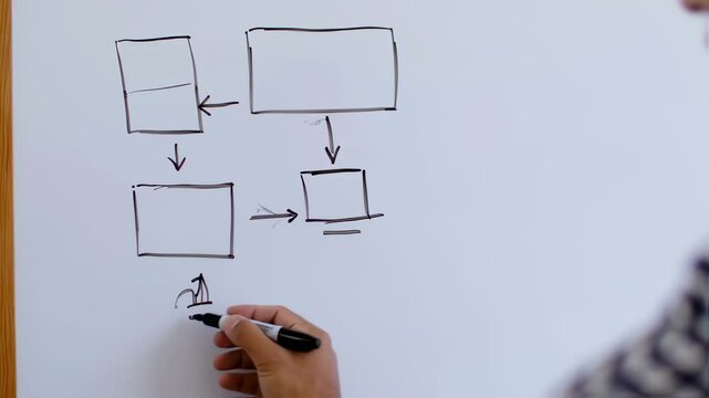 Drawing flowchart on whiteboard explaining complex concepts for business presentation