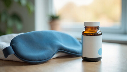 Sleep mask next to melatonin bottle